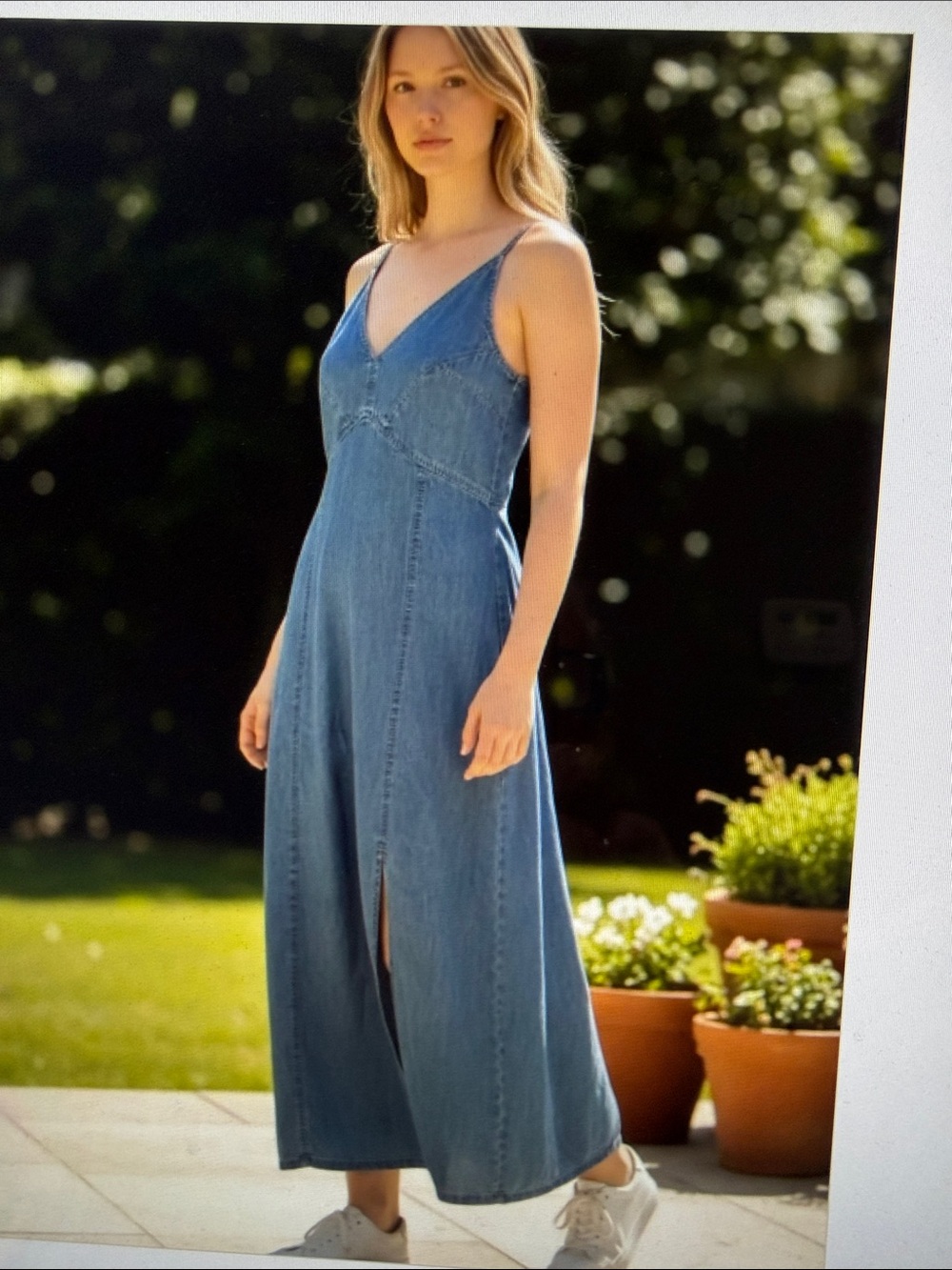 Vintage Guess USA Lightweight Denim Midi Slip Dress Spaghetti Strap Thigh Slit L